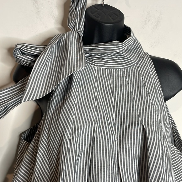 Brunello Cucinelli | Cotton & Silk Striped Tie Neck Sleeve Top Size M - Picture 2 of 8